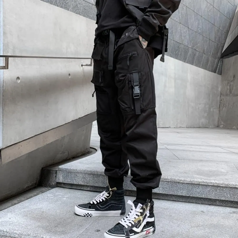 Ribbon Multi-Pocket Cargo Pants Men Hip Hop Streetwear Jogger Pants Black Techwear Male Pencil Trousers