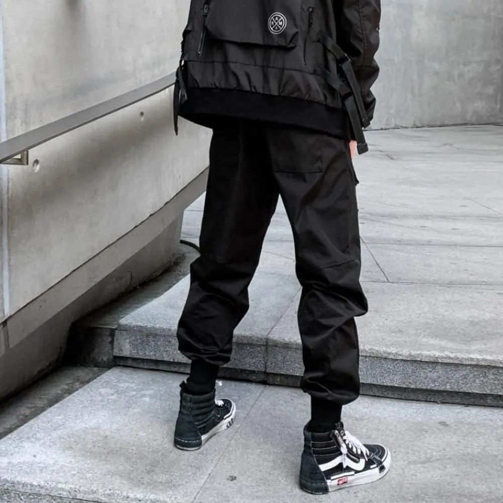 Ribbon Multi-Pocket Cargo Pants Men Hip Hop Streetwear Jogger Pants Black Techwear Male Pencil Trousers