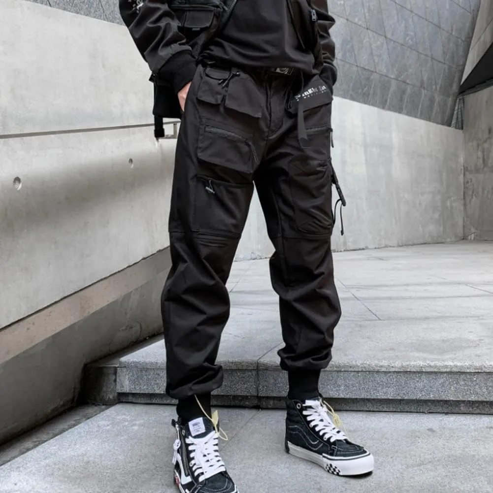 Ribbon Multi-Pocket Cargo Pants Men Hip Hop Streetwear Jogger Pants Black Techwear Male Pencil Trousers