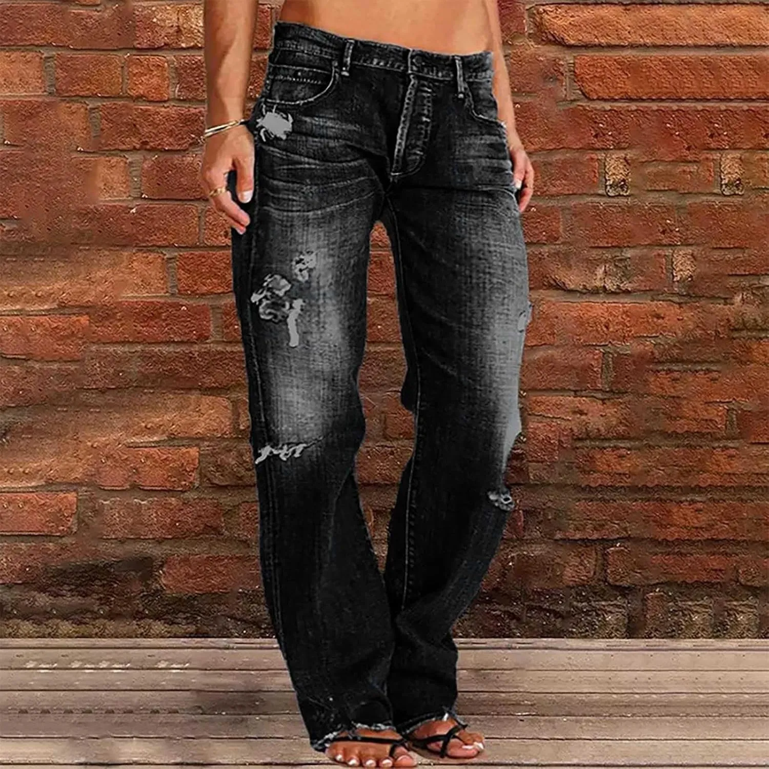 Ripped Jeans Womens Baggy Mid Rise Straight Leg Jeans Comfy Plus Size Denim Pants with Pocket Boyfriend Trouser Jeans