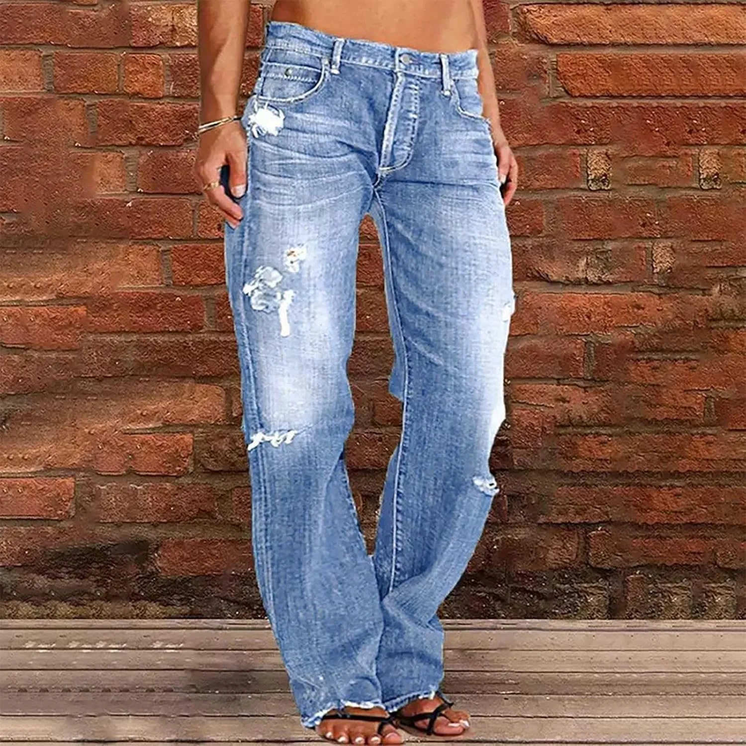 Ripped Jeans Womens Baggy Mid Rise Straight Leg Jeans Comfy Plus Size Denim Pants with Pocket Boyfriend Trouser Jeans