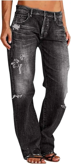 Ripped Jeans Womens Baggy Mid Rise Straight Leg Jeans Comfy Plus Size Denim Pants with Pocket Boyfriend Trouser Jeans
