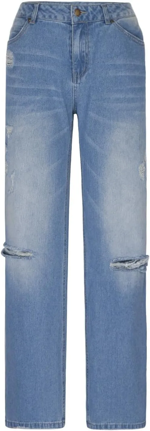 Ripped Jeans Womens Baggy Mid Rise Straight Leg Jeans Comfy Plus Size Denim Pants with Pocket Boyfriend Trouser Jeans