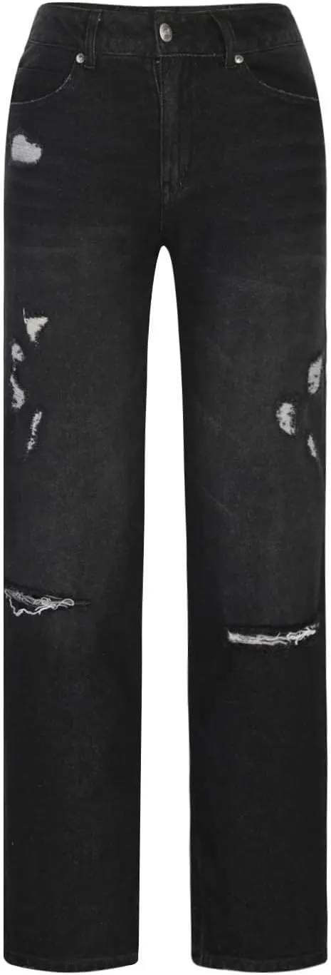 Ripped Jeans Womens Baggy Mid Rise Straight Leg Jeans Comfy Plus Size Denim Pants with Pocket Boyfriend Trouser Jeans