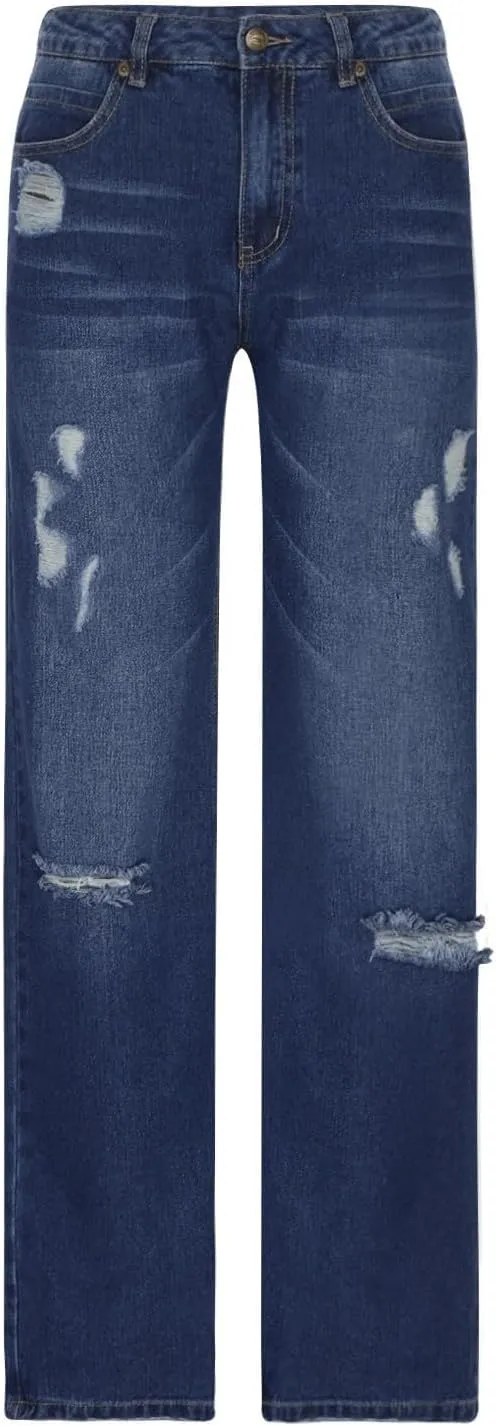 Ripped Jeans Womens Baggy Mid Rise Straight Leg Jeans Comfy Plus Size Denim Pants with Pocket Boyfriend Trouser Jeans