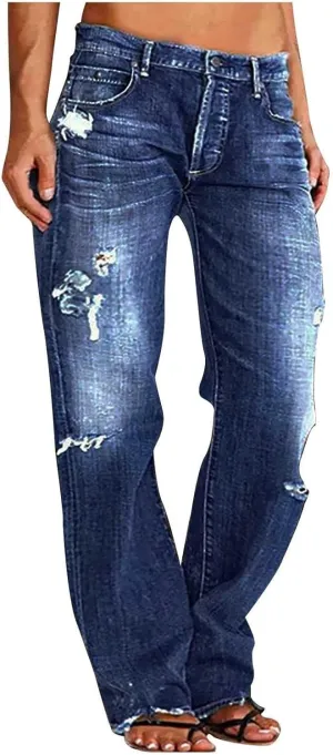 Ripped Jeans Womens Baggy Mid Rise Straight Leg Jeans Comfy Plus Size Denim Pants with Pocket Boyfriend Trouser Jeans