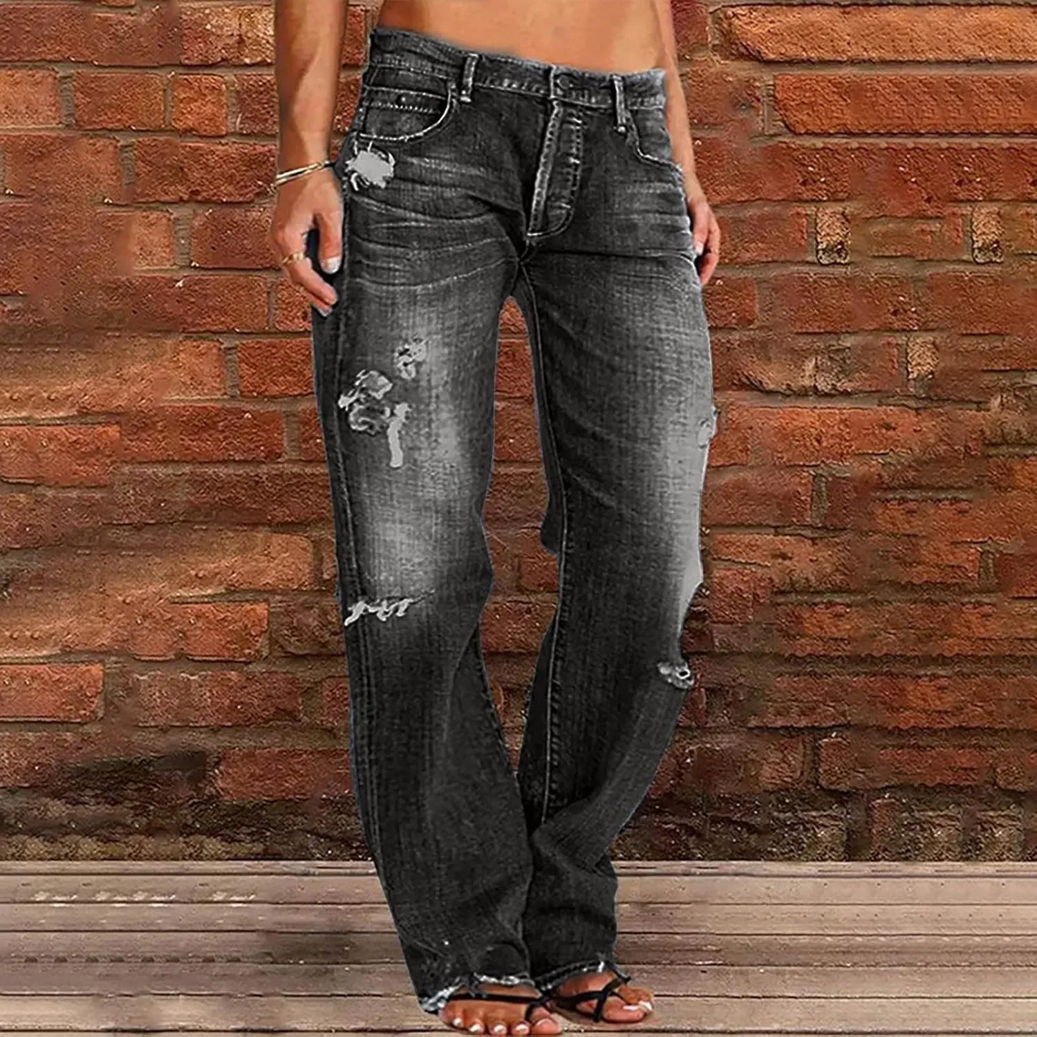 Ripped Jeans Womens Baggy Mid Rise Straight Leg Jeans Comfy Plus Size Denim Pants with Pocket Boyfriend Trouser Jeans