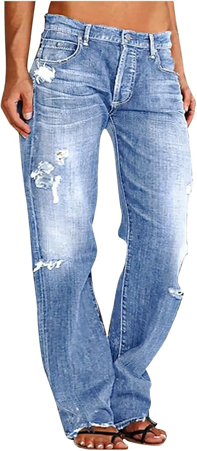 Ripped Jeans Womens Baggy Mid Rise Straight Leg Jeans Comfy Plus Size Denim Pants with Pocket Boyfriend Trouser Jeans