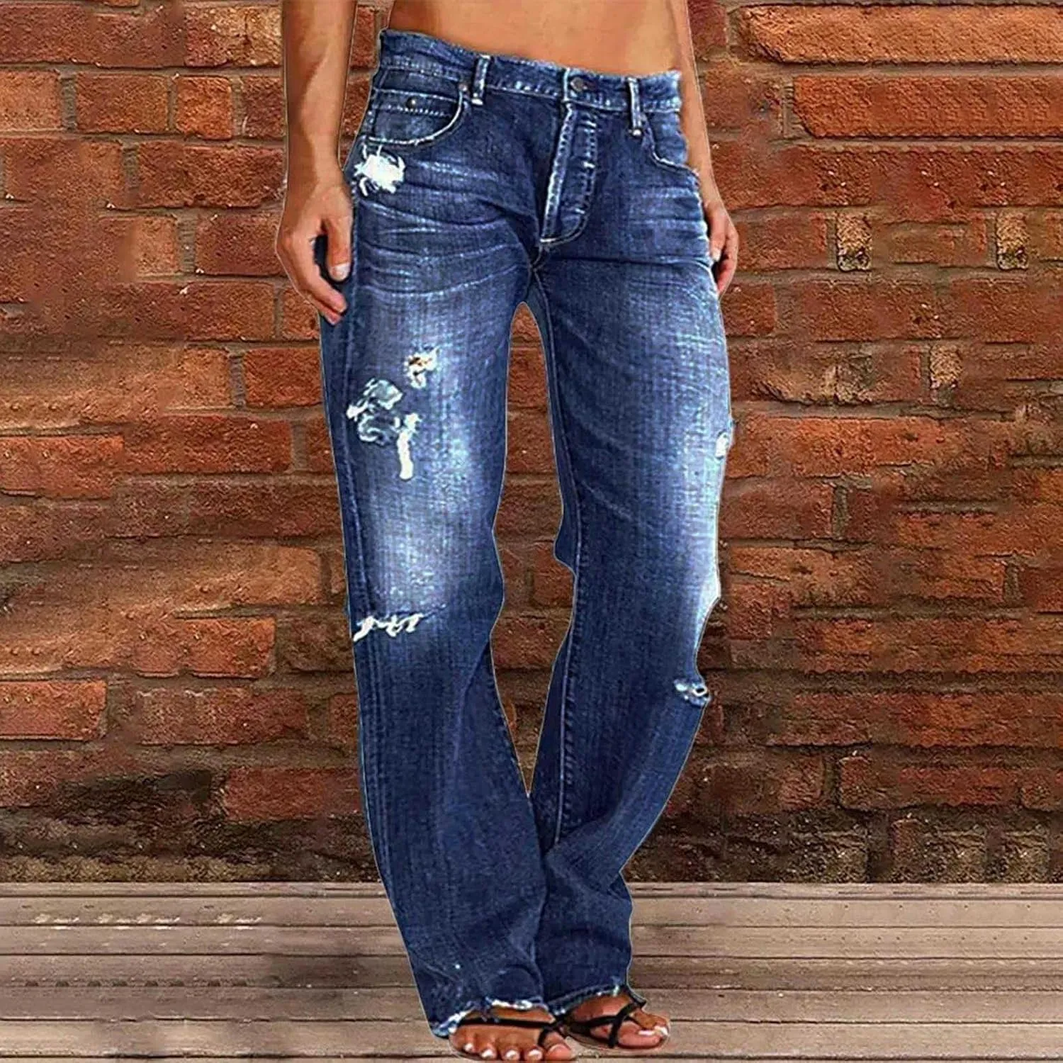 Ripped Jeans Womens Baggy Mid Rise Straight Leg Jeans Comfy Plus Size Denim Pants with Pocket Boyfriend Trouser Jeans