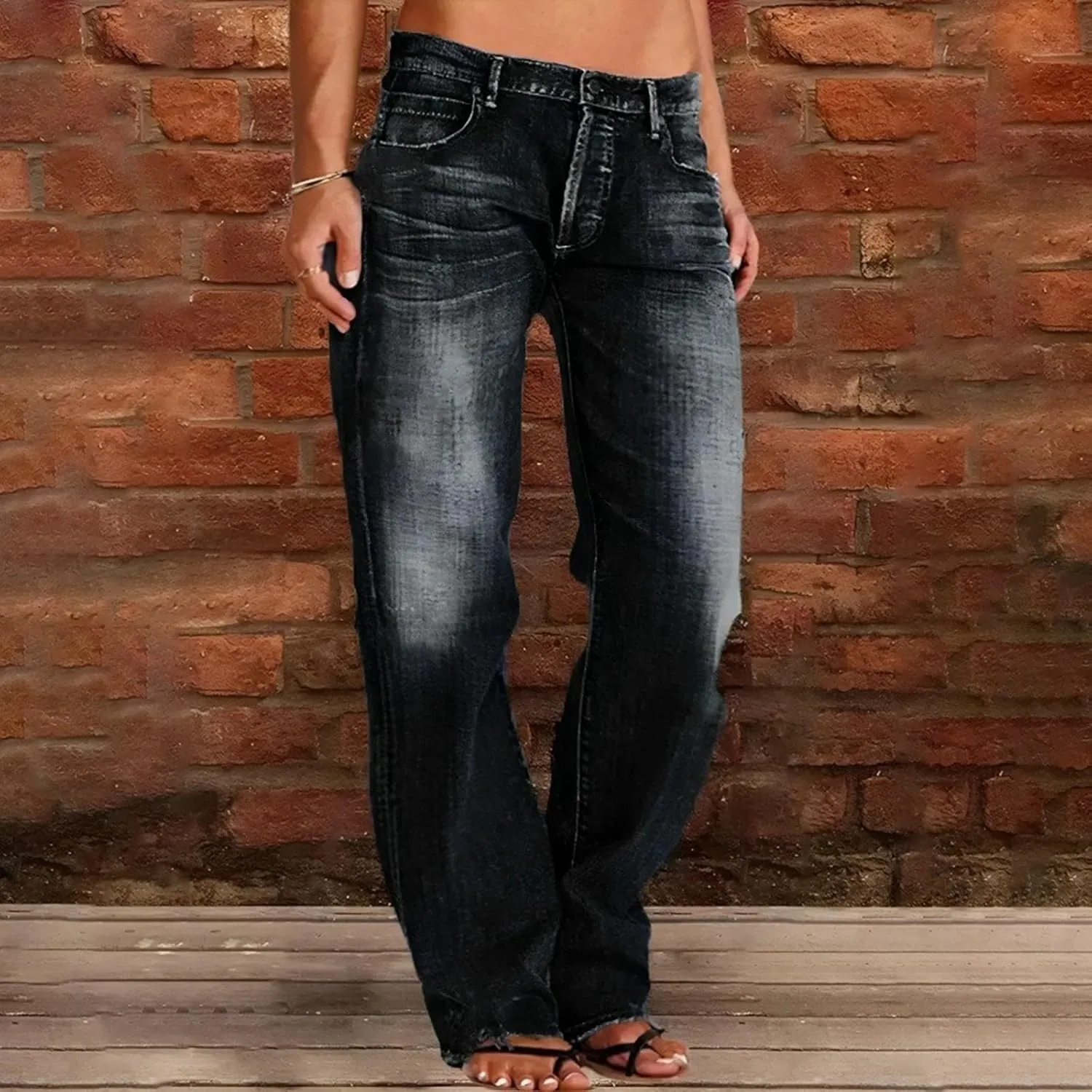 Ripped Jeans Womens Baggy Mid Rise Straight Leg Jeans Comfy Plus Size Denim Pants with Pocket Boyfriend Trouser Jeans