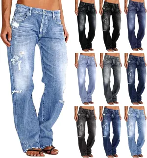 Ripped Jeans Womens Baggy Mid Rise Straight Leg Jeans Comfy Plus Size Denim Pants with Pocket Boyfriend Trouser Jeans