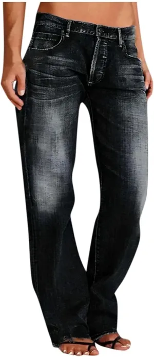 Ripped Jeans Womens Baggy Mid Rise Straight Leg Jeans Comfy Plus Size Denim Pants with Pocket Boyfriend Trouser Jeans
