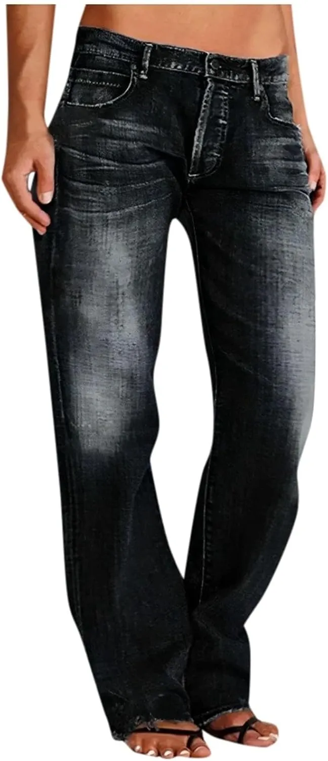 Ripped Jeans Womens Baggy Mid Rise Straight Leg Jeans Comfy Plus Size Denim Pants with Pocket Boyfriend Trouser Jeans