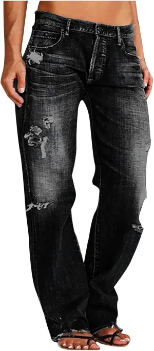 Ripped Jeans Womens Baggy Mid Rise Straight Leg Jeans Comfy Plus Size Denim Pants with Pocket Boyfriend Trouser Jeans