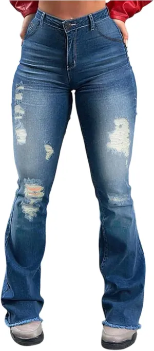 Ripped Jeans Womens High Waisted Flare Jeans Colombian Stretch Tummy Control Raw Hem Bell Bottom Jean with Pockets