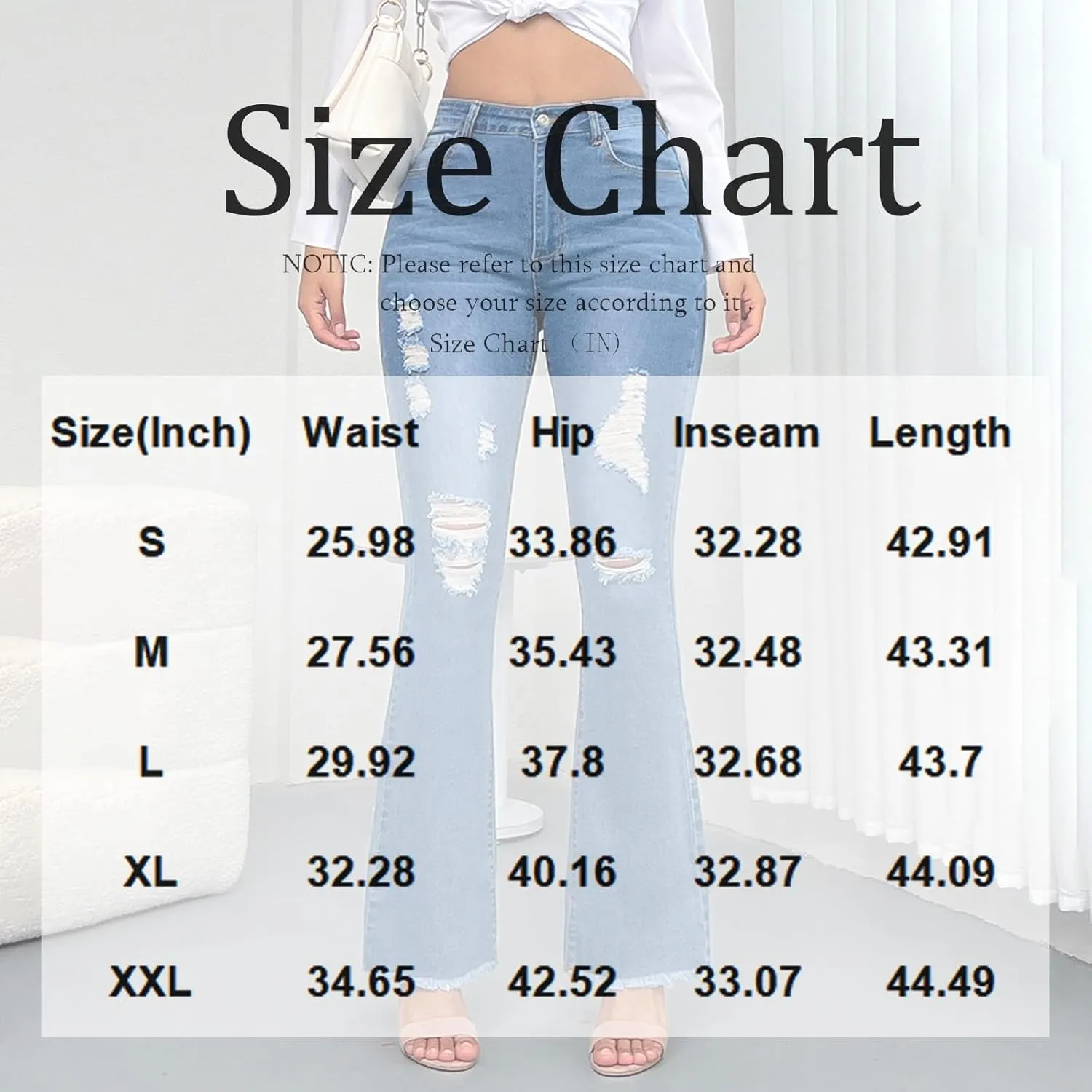 Ripped Jeans Womens High Waisted Flare Jeans Colombian Stretch Tummy Control Raw Hem Bell Bottom Jean with Pockets