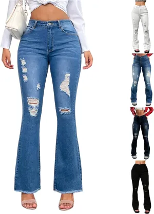 Ripped Jeans Womens High Waisted Flare Jeans Colombian Stretch Tummy Control Raw Hem Bell Bottom Jean with Pockets