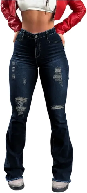 Ripped Jeans Womens High Waisted Flare Jeans Colombian Stretch Tummy Control Raw Hem Bell Bottom Jean with Pockets