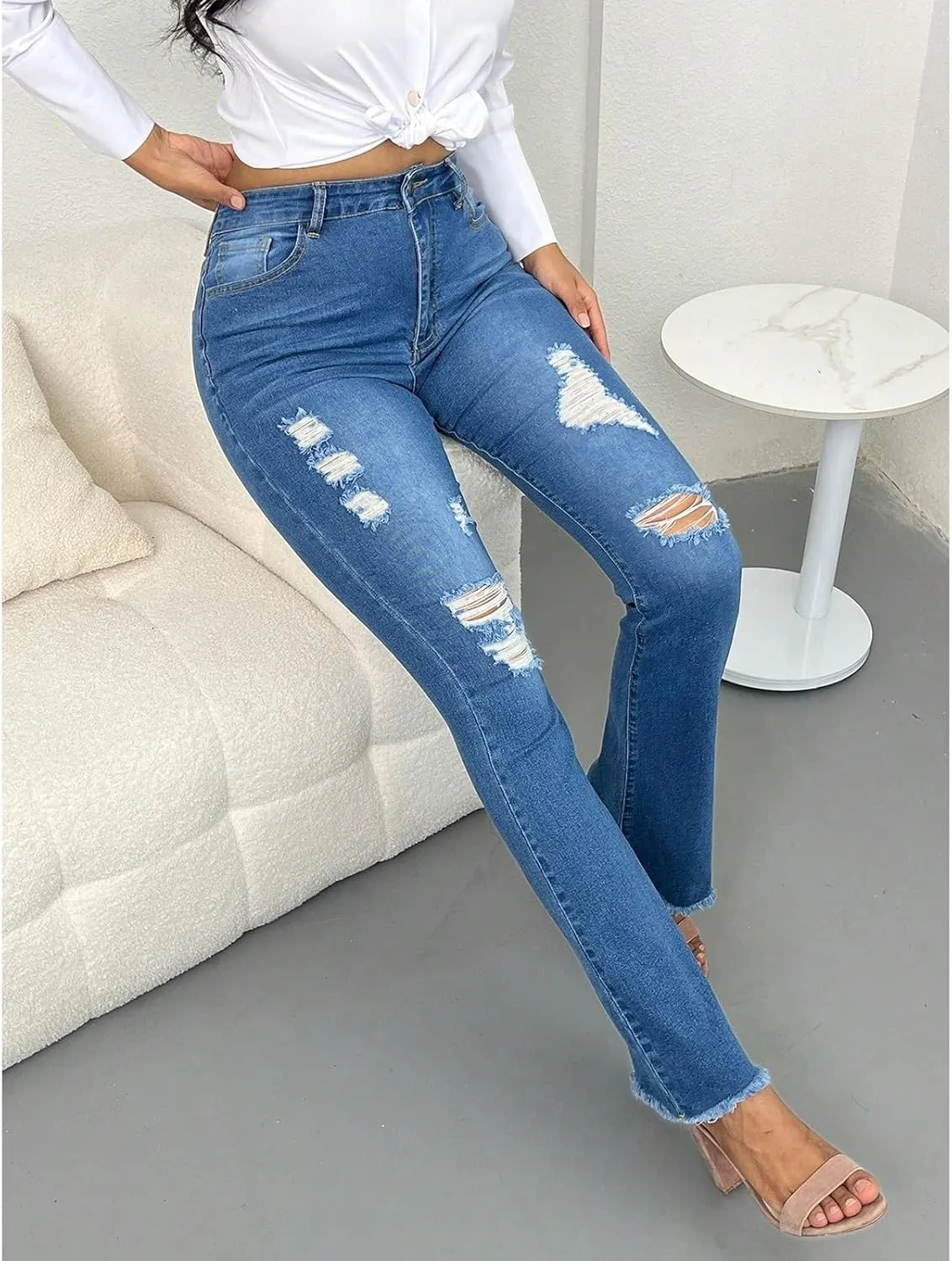 Ripped Jeans Womens High Waisted Flare Jeans Colombian Stretch Tummy Control Raw Hem Bell Bottom Jean with Pockets