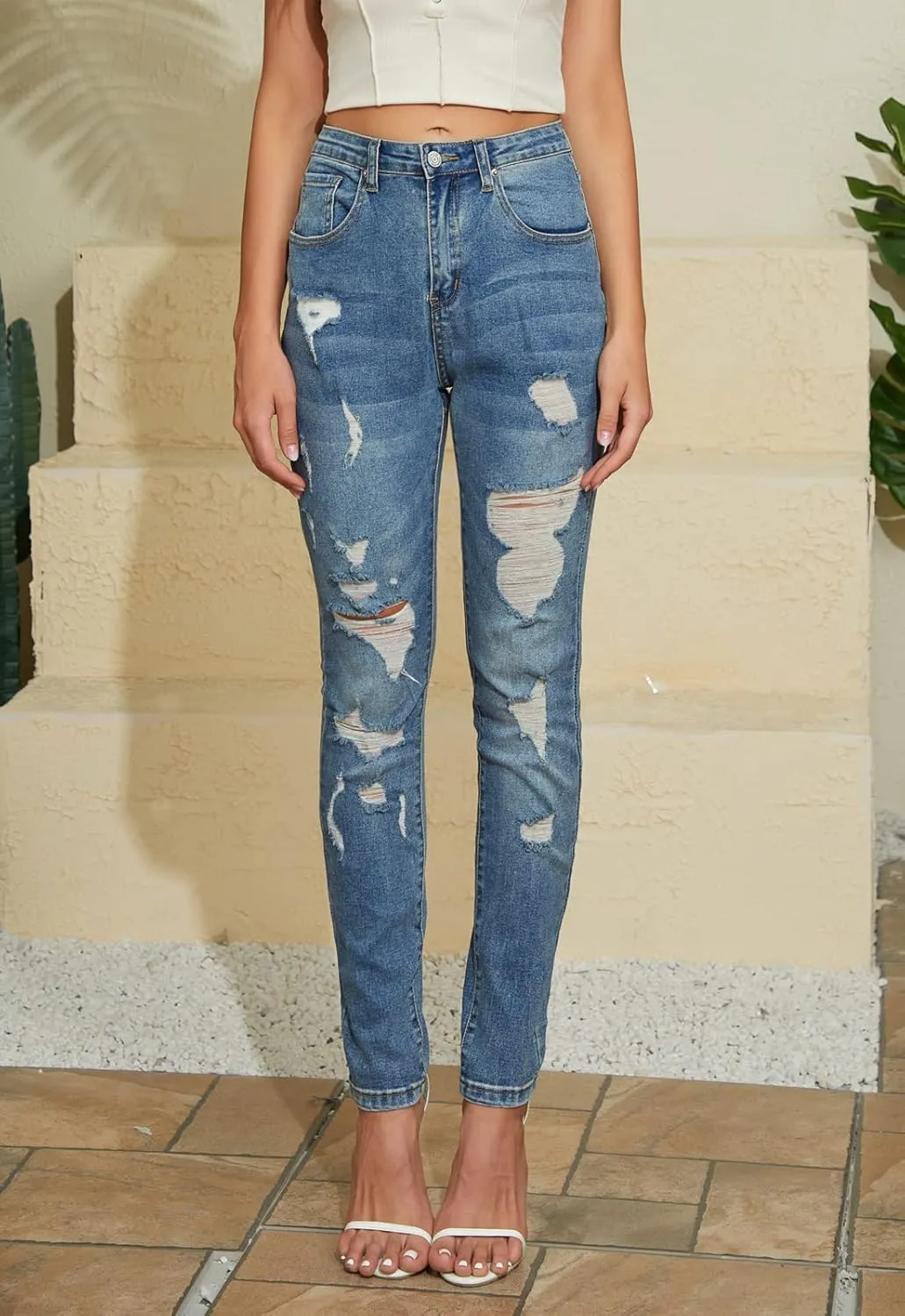 Ripped Jeans Womens high Waisted Stretch Skinny Distressed Cargo Emo Denim Pants
