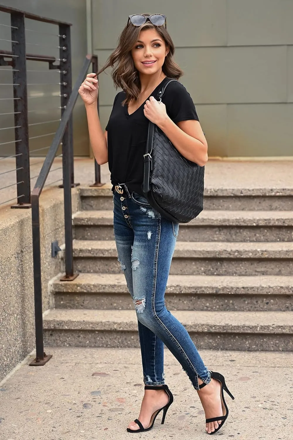 Ripped Jeans Womens high Waisted Stretch Skinny Distressed Cargo Emo Denim Pants