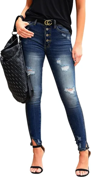 Ripped Jeans Womens high Waisted Stretch Skinny Distressed Cargo Emo Denim Pants