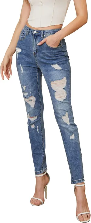 Ripped Jeans Womens high Waisted Stretch Skinny Distressed Cargo Emo Denim Pants