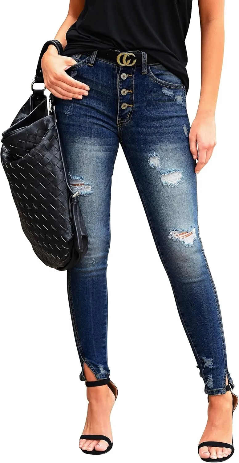 Ripped Jeans Womens high Waisted Stretch Skinny Distressed Cargo Emo Denim Pants