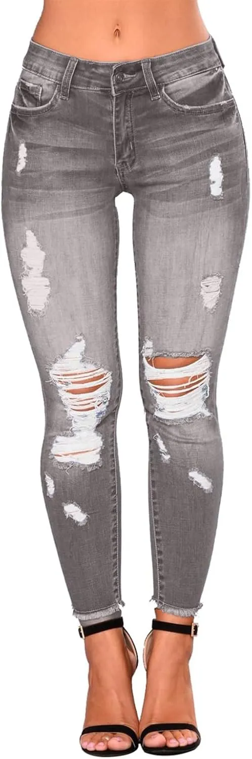 Ripped Jeans Womens Skinny Stretchy High Waisted Plus Size Raw Hem Denim Boyfriend Butt Lifting Jeggings with Pockets