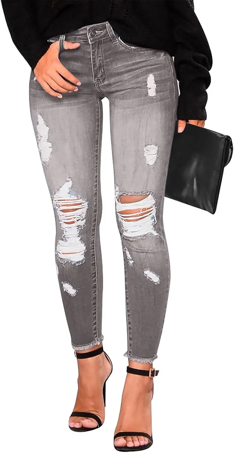 Ripped Jeans Womens Skinny Stretchy High Waisted Plus Size Raw Hem Denim Boyfriend Butt Lifting Jeggings with Pockets