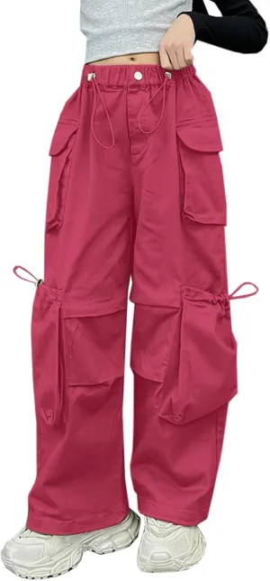 SANGTREE Girls' Vintage Multi-Pocket Cargo Pants Solid Color Streetwear, 3-14 Years