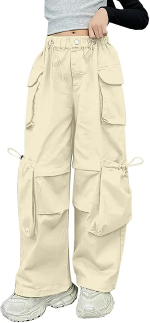 SANGTREE Girls' Vintage Multi-Pocket Cargo Pants Solid Color Streetwear, 3-14 Years