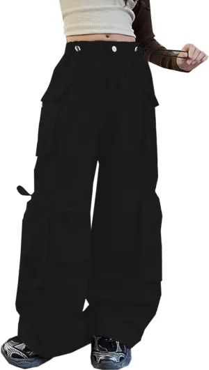 SANGTREE Girls' Vintage Multi-Pocket Cargo Pants Solid Color Streetwear, 3-14 Years
