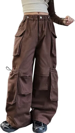 SANGTREE Girls' Vintage Multi-Pocket Cargo Pants Solid Color Streetwear, 3-14 Years