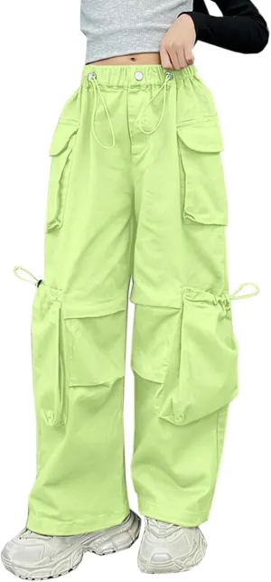 SANGTREE Girls' Vintage Multi-Pocket Cargo Pants Solid Color Streetwear, 3-14 Years