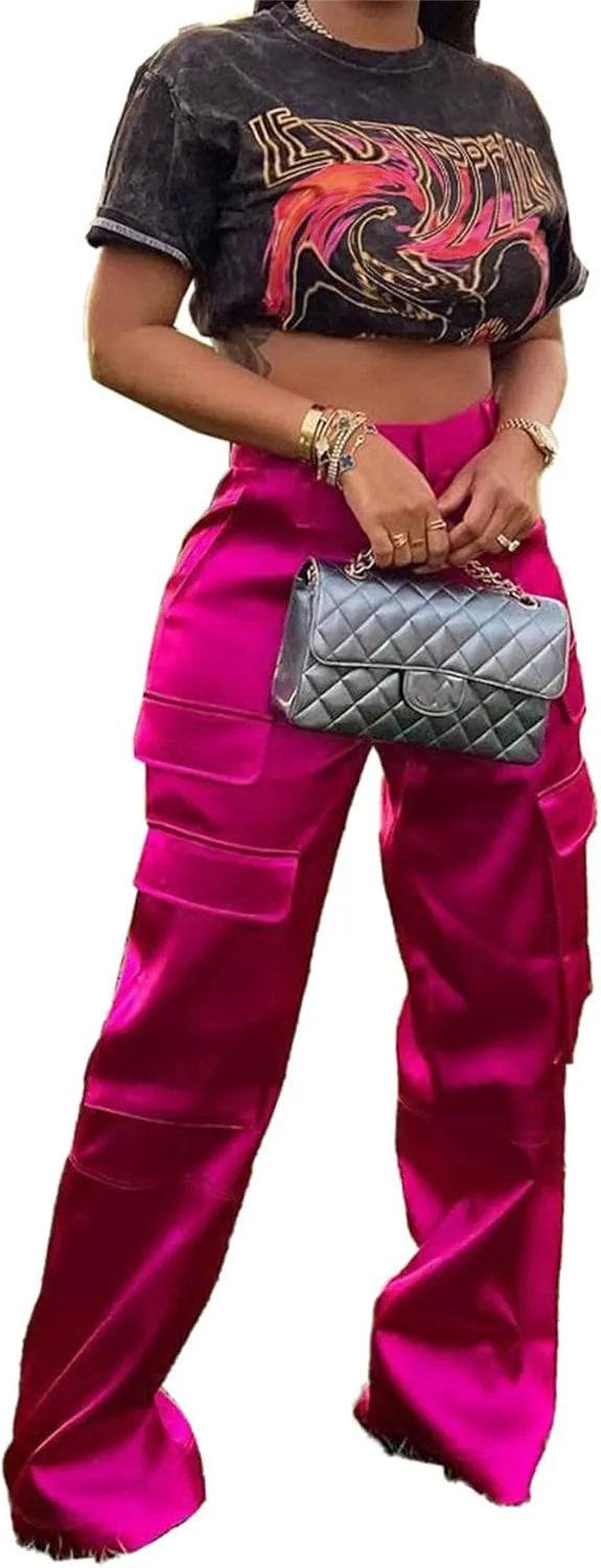 Satin Cargo Pants Womens Y2K High Waisted Straight Leg Trousers Multi-Pocket Cargo Pants Streetwear