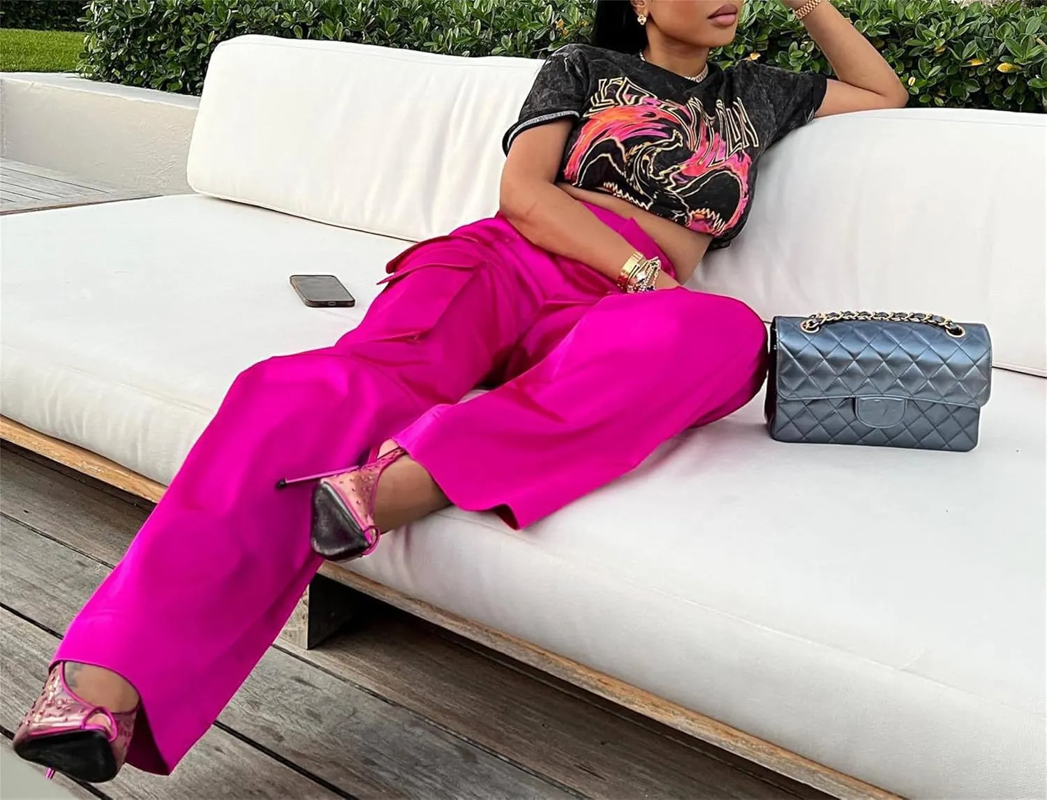 Satin Cargo Pants Womens Y2K High Waisted Straight Leg Trousers Multi-Pocket Cargo Pants Streetwear