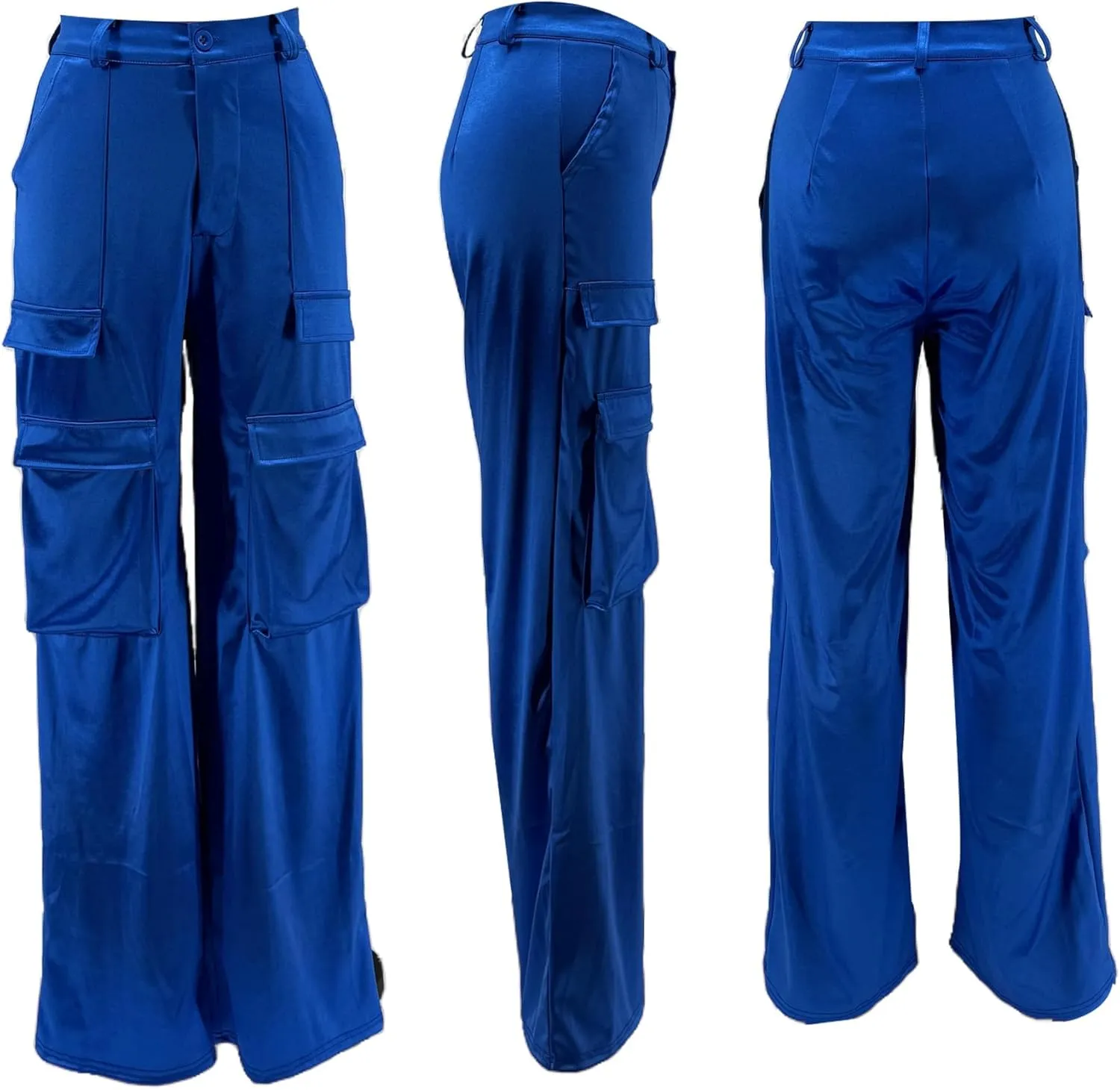 Satin Cargo Pants Womens Y2K High Waisted Straight Leg Trousers Multi-Pocket Cargo Pants Streetwear