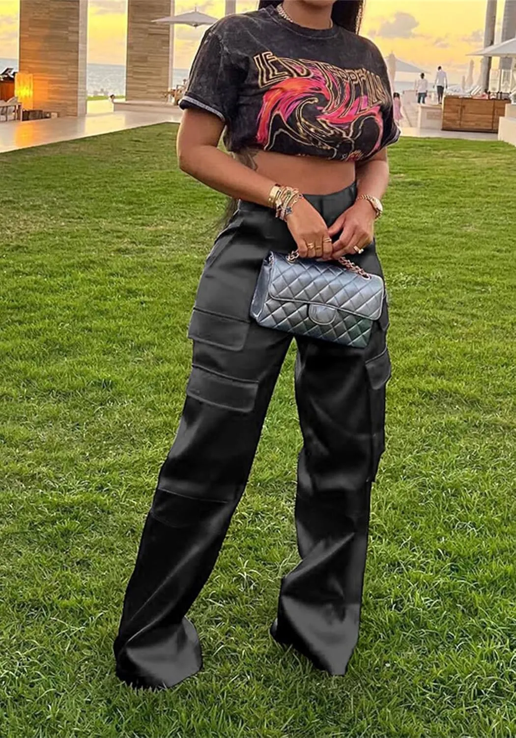 Satin Cargo Pants Womens Y2K High Waisted Straight Leg Trousers Multi-Pocket Cargo Pants Streetwear