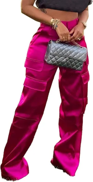 Satin Cargo Pants Womens Y2K High Waisted Straight Leg Trousers Multi-Pocket Cargo Pants Streetwear
