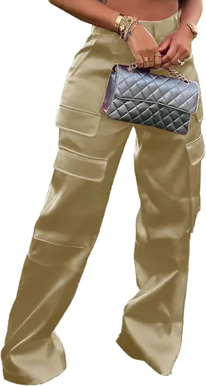 Satin Cargo Pants Womens Y2K High Waisted Straight Leg Trousers Multi-Pocket Cargo Pants Streetwear