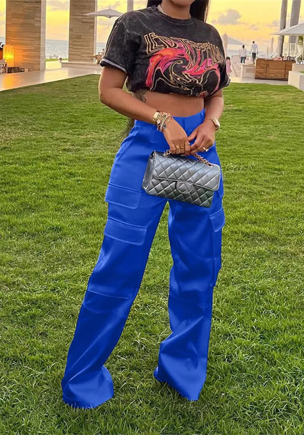 Satin Cargo Pants Womens Y2K High Waisted Straight Leg Trousers Multi-Pocket Cargo Pants Streetwear