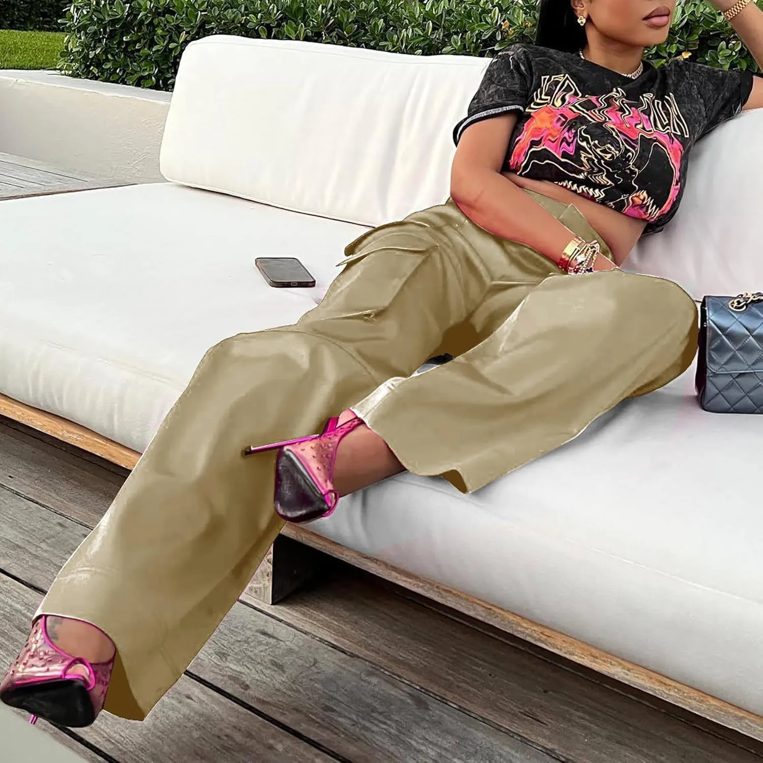 Satin Cargo Pants Womens Y2K High Waisted Straight Leg Trousers Multi-Pocket Cargo Pants Streetwear
