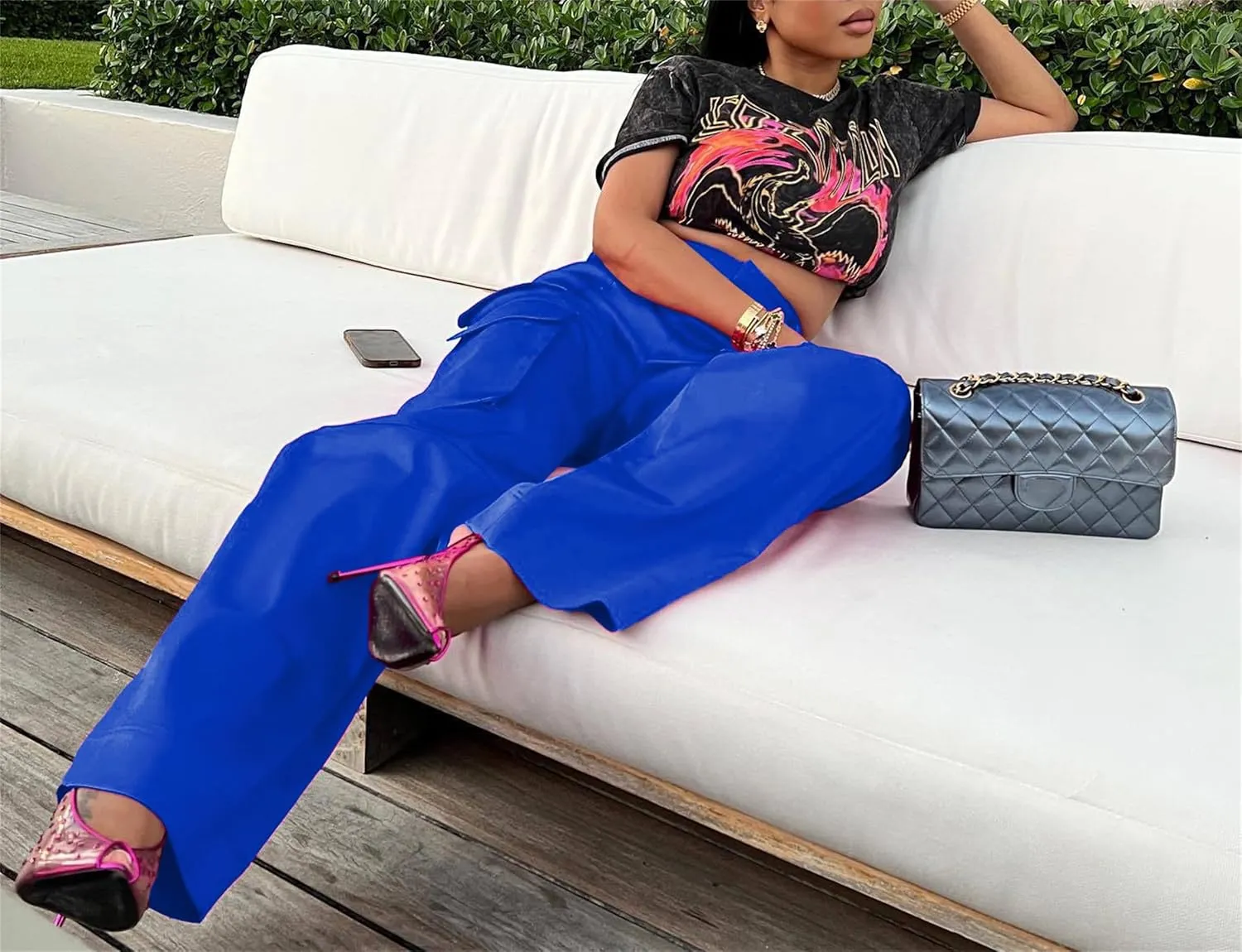 Satin Cargo Pants Womens Y2K High Waisted Straight Leg Trousers Multi-Pocket Cargo Pants Streetwear