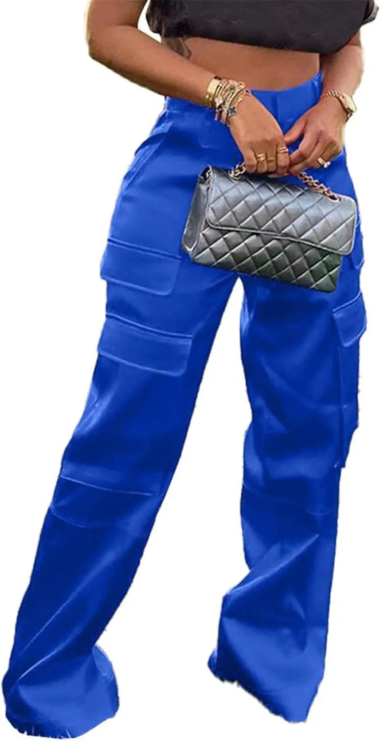 Satin Cargo Pants Womens Y2K High Waisted Straight Leg Trousers Multi-Pocket Cargo Pants Streetwear