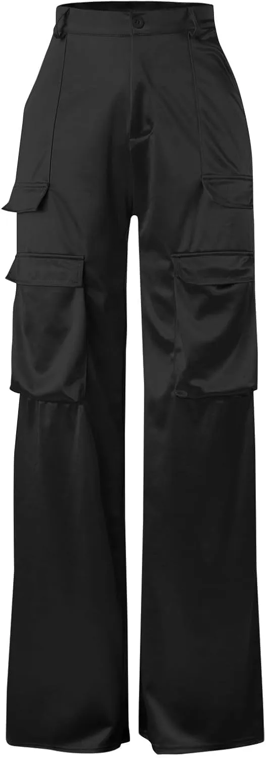Satin Cargo Pants Womens Y2K High Waisted Straight Leg Trousers Multi-Pocket Cargo Pants Streetwear