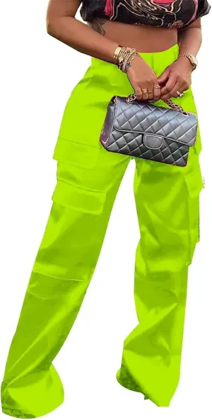 Satin Cargo Pants Womens Y2K High Waisted Straight Leg Trousers Multi-Pocket Cargo Pants Streetwear