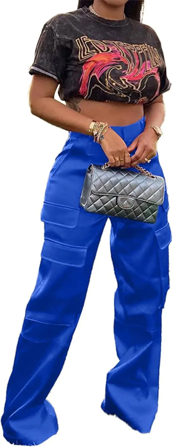 Satin Cargo Pants Womens Y2K High Waisted Straight Leg Trousers Multi-Pocket Cargo Pants Streetwear