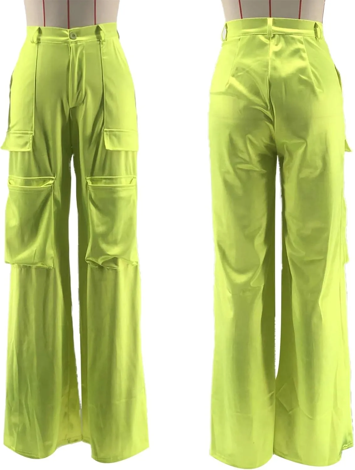Satin Cargo Pants Womens Y2K High Waisted Straight Leg Trousers Multi-Pocket Cargo Pants Streetwear