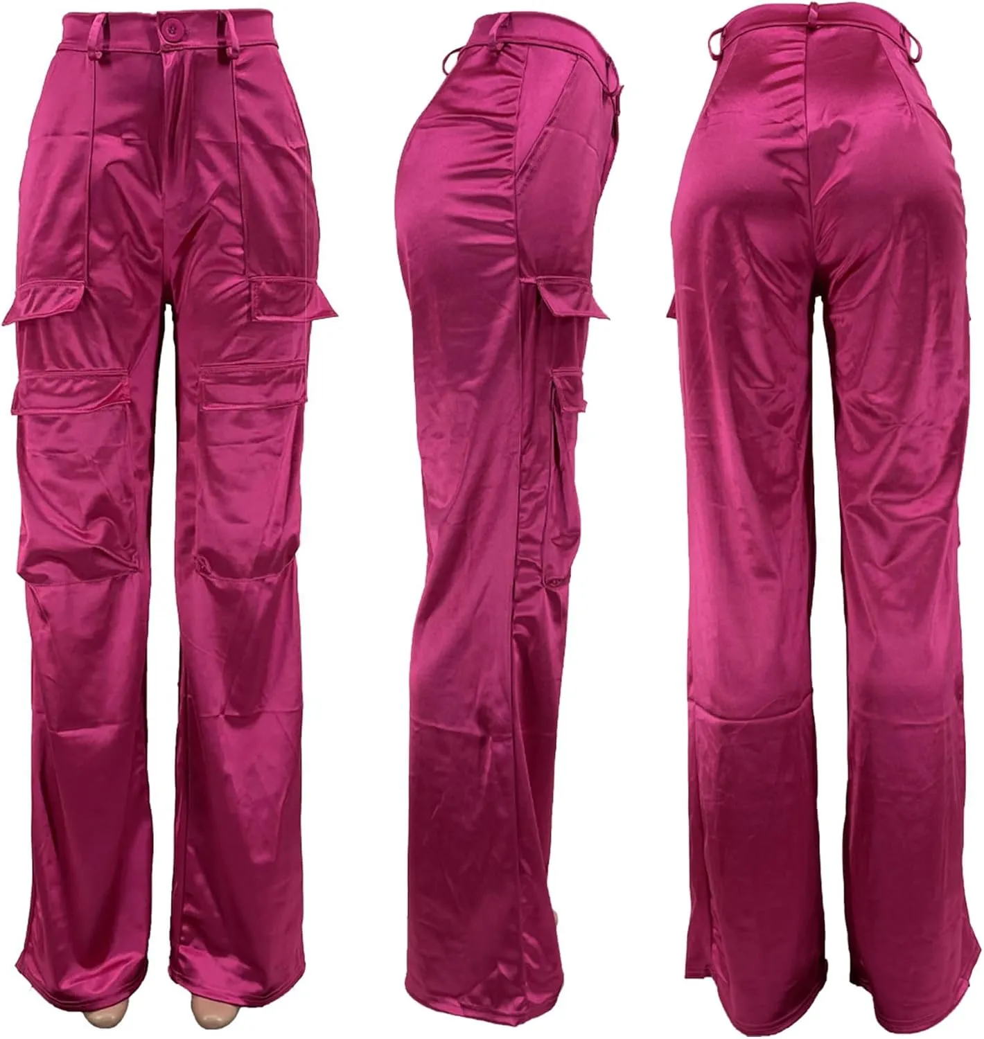 Satin Cargo Pants Womens Y2K High Waisted Straight Leg Trousers Multi-Pocket Cargo Pants Streetwear